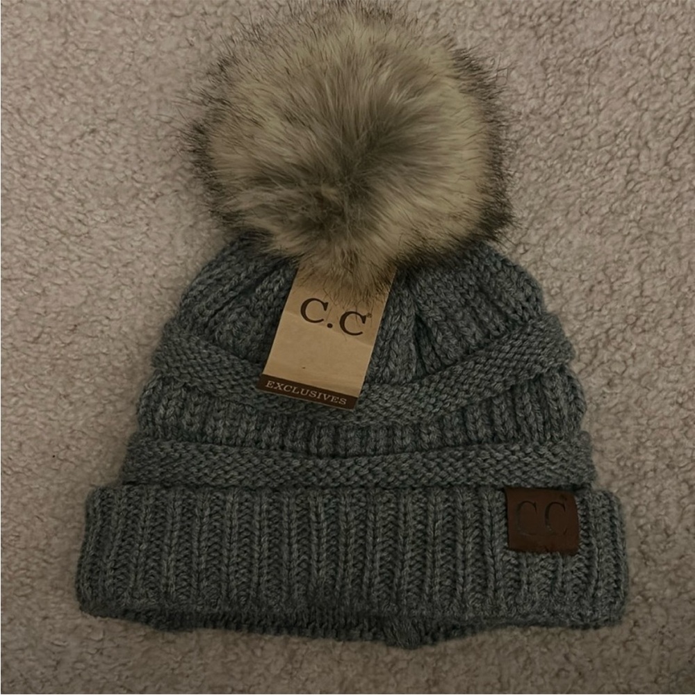 C.C Thick Cable Knit Faux Fuzzy Fur Pom Fleece Lined Skull Cap Cuff Beanie